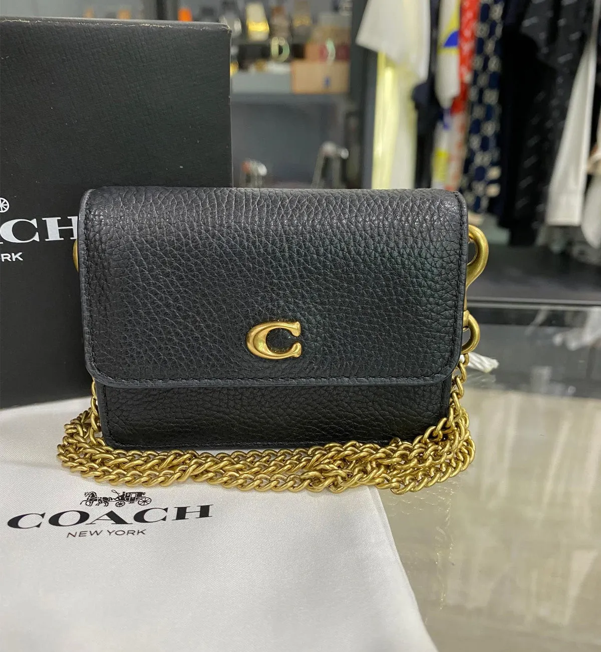 [Pre-used] Coach Bag WOC Chain Half Flip Pebbled Leather