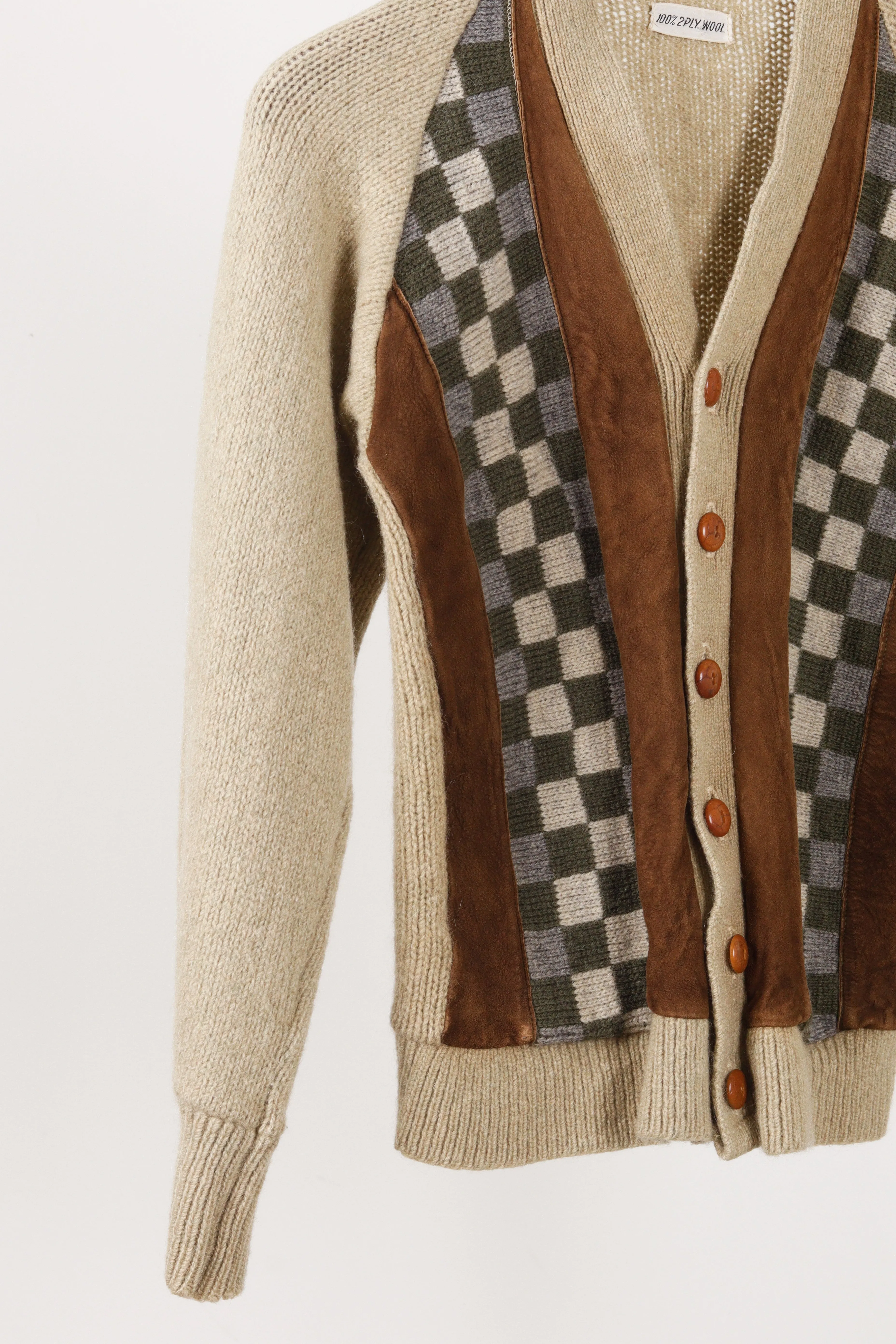 Vintage 70's Suede Trim Checkerboard Patterned Cardigan Sweater
