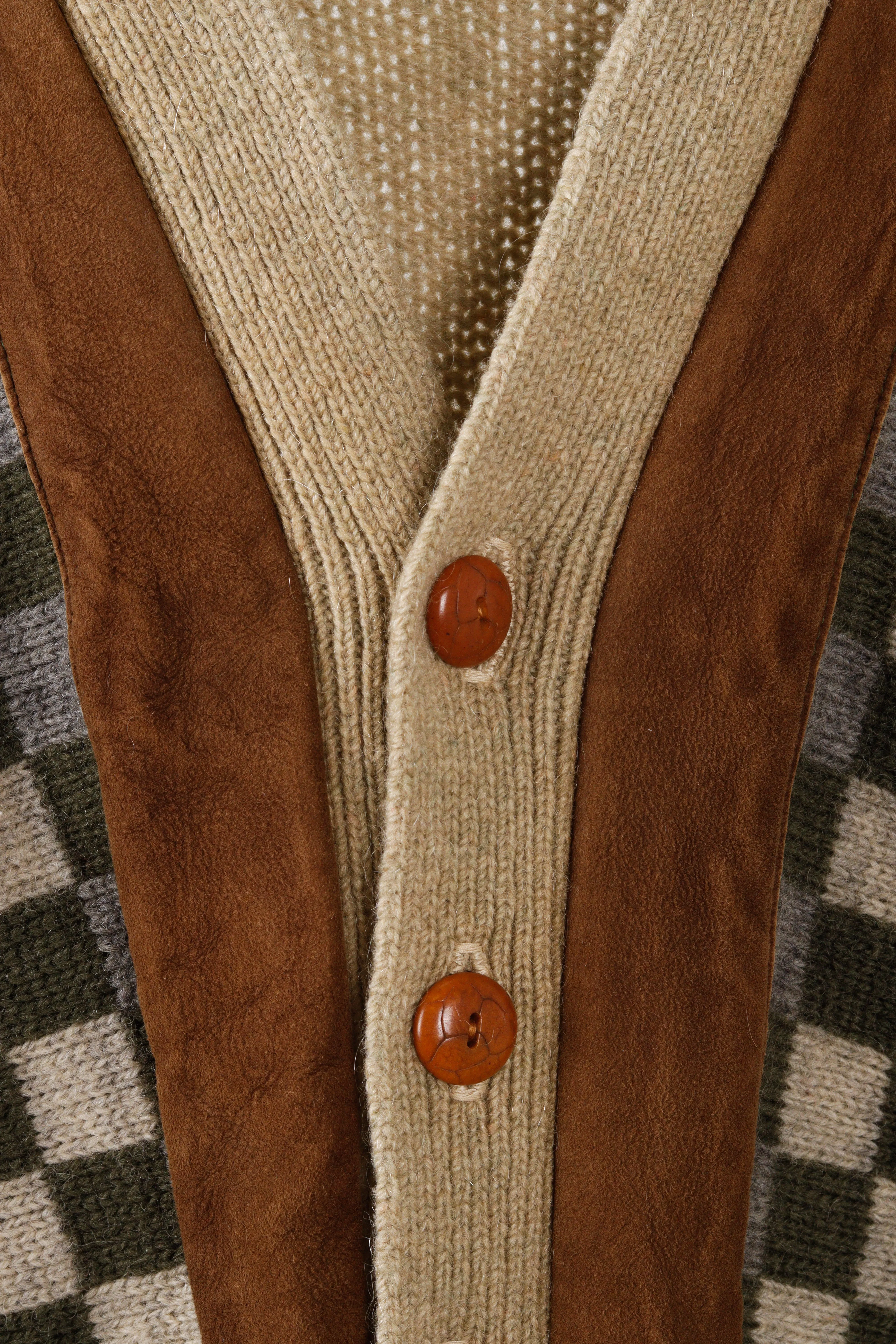 Vintage 70's Suede Trim Checkerboard Patterned Cardigan Sweater